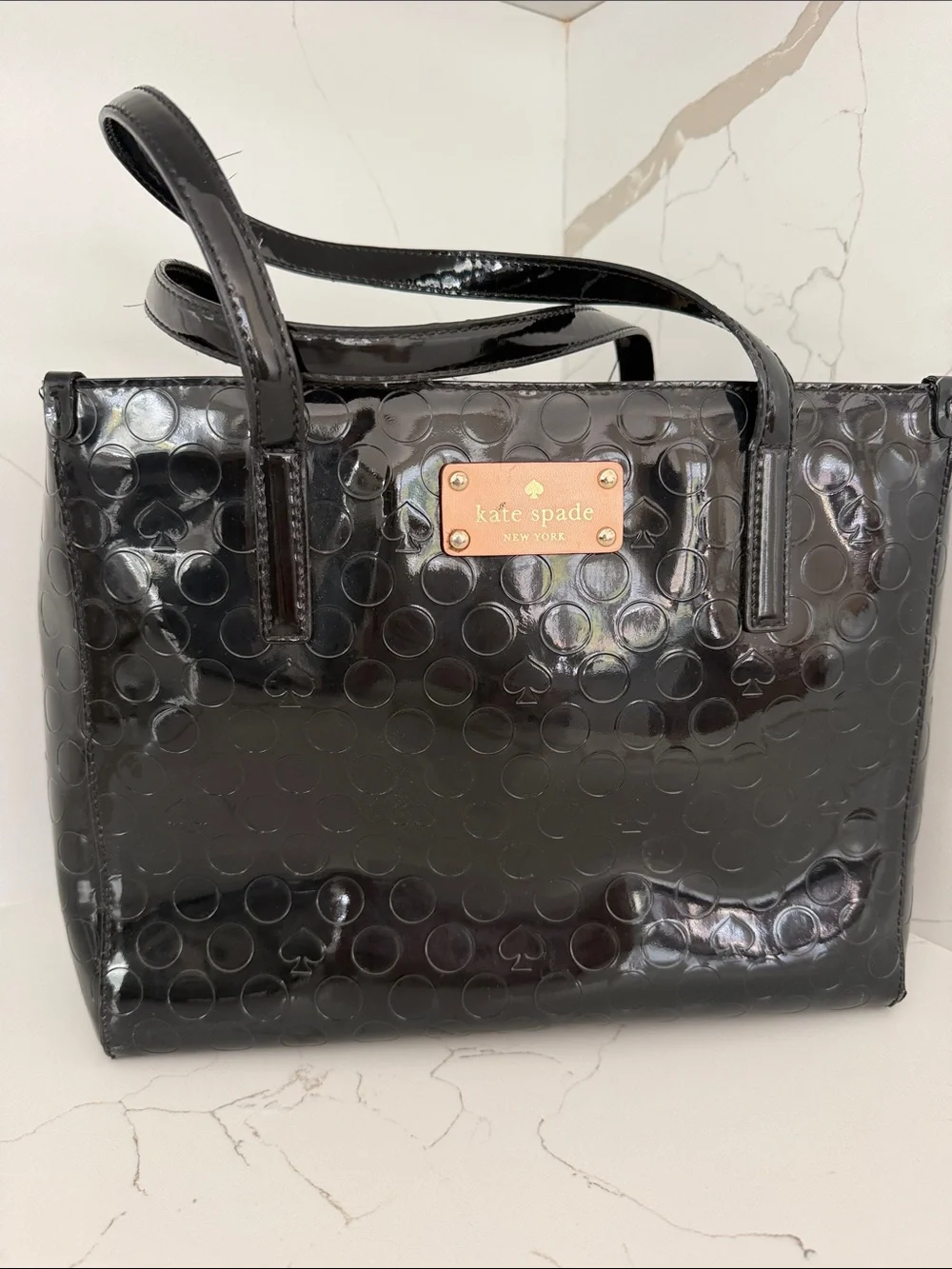 kate spade Black Patent Embossed Tote with Logo Plaque